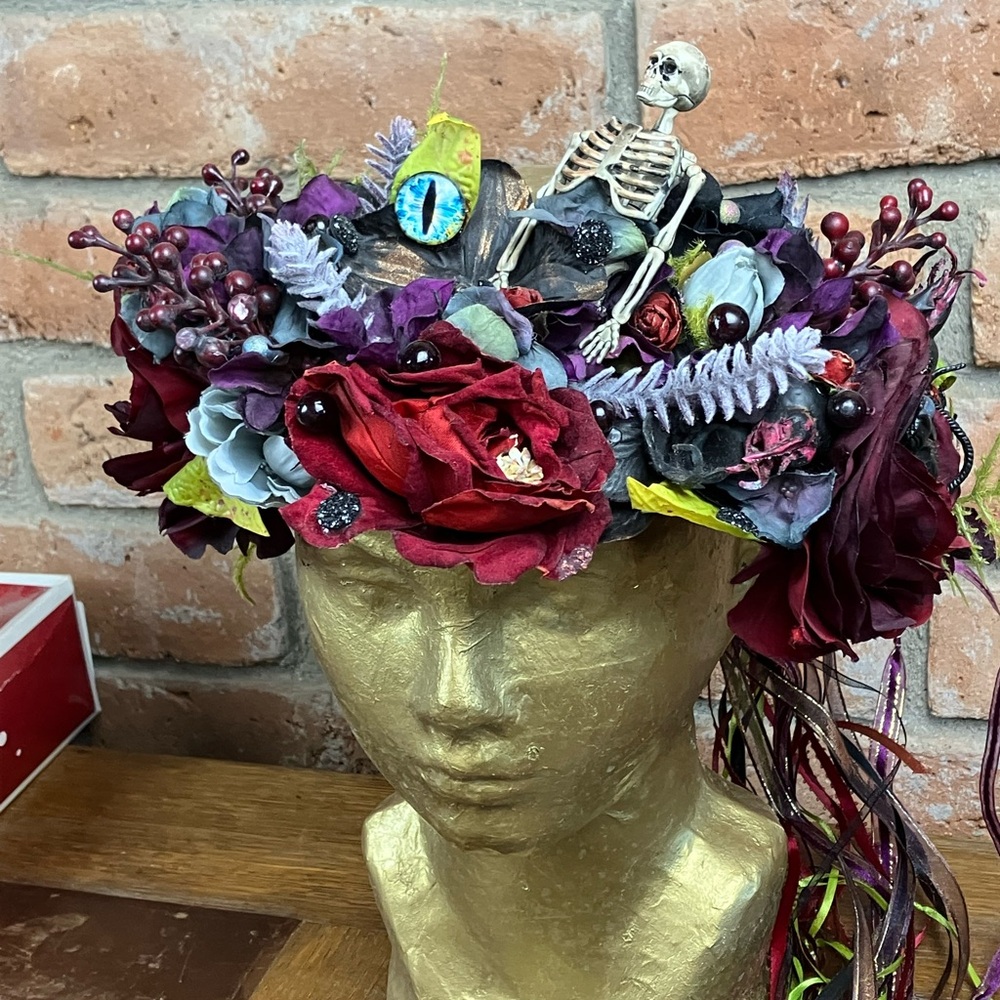 Halloween Witch Floral Headpiece with Burgundy and Purple Accents Rats Eyes